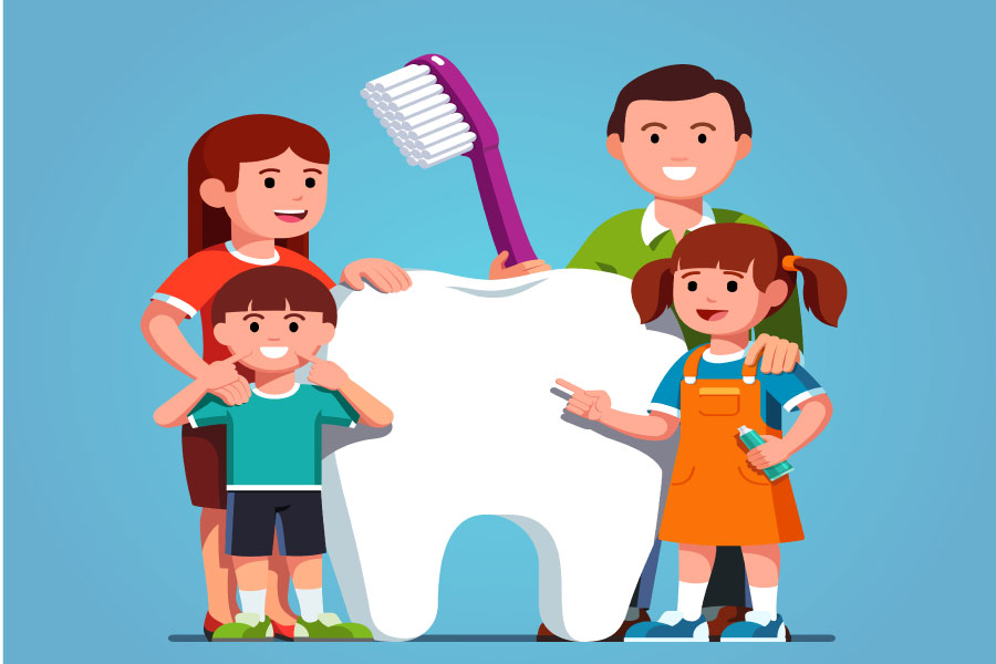 cartoon family of four hold a giant toothbrush next to a giant white tooth